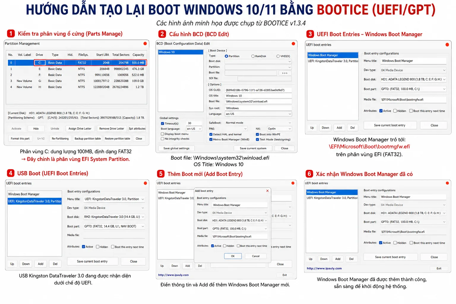 Tạo lại Boot Windows 10 11 bằng BOOTICE UEFI GPT